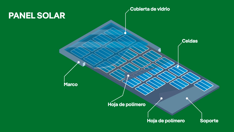 Panel solar hecho de cubierta de vidrio, marco, hoja de polímero, soporte y celdas